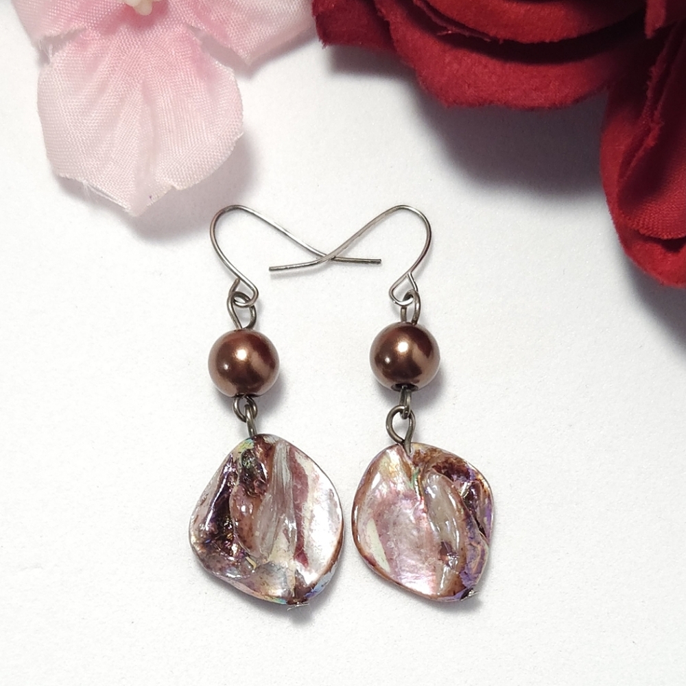 Handmade Brown Mother of Pearl Shell & Faux Pearl Beaded Dangle Earrings